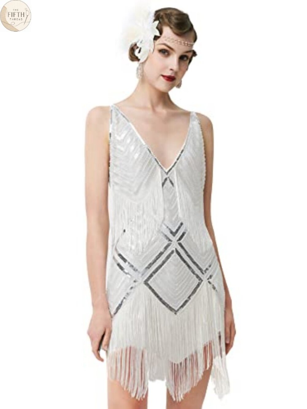 1920s Flapper Sequin Fringe Bodycon Midi Dress V Neck Gatsby Party